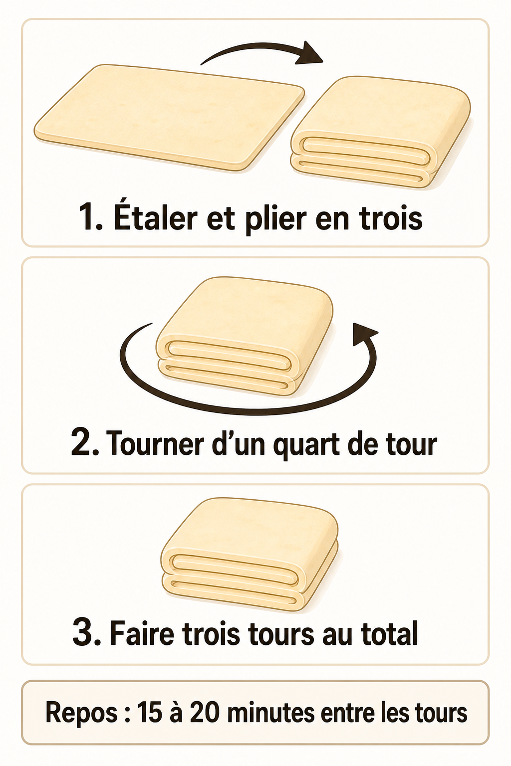Schéma des trois tours simples du feuilletage rapide avec les temps de repos