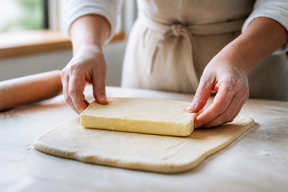 Mains posant un rectangle de beurre sur la détrempe étalée et farinée