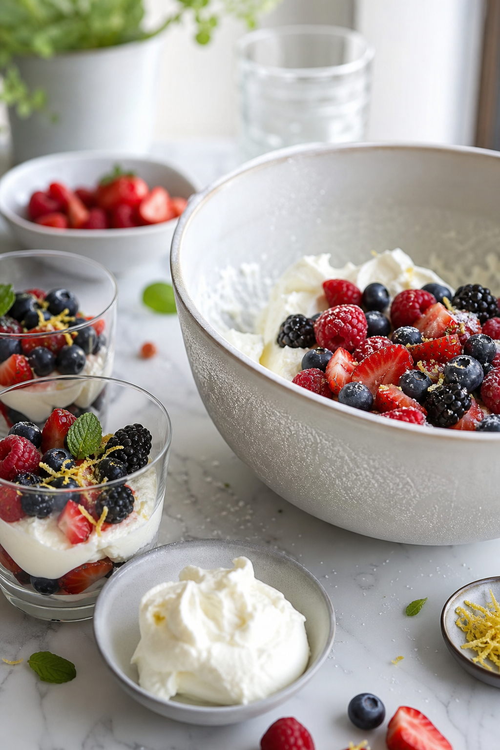 bols de fruits rouges et crème sur un plan de travail