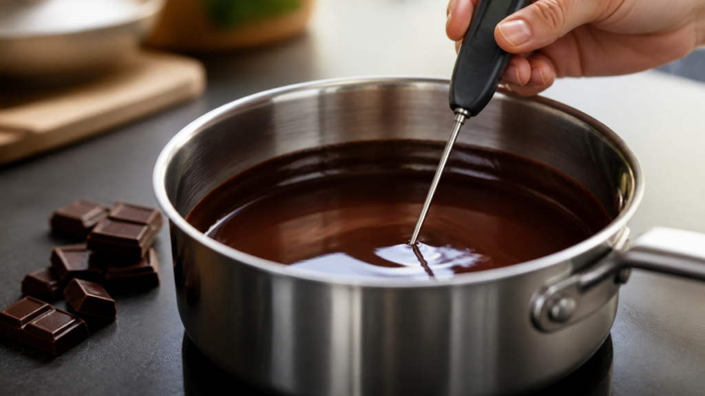 Sonde de cuisson plongeante dans du chocolat fondu au cours du tempérage