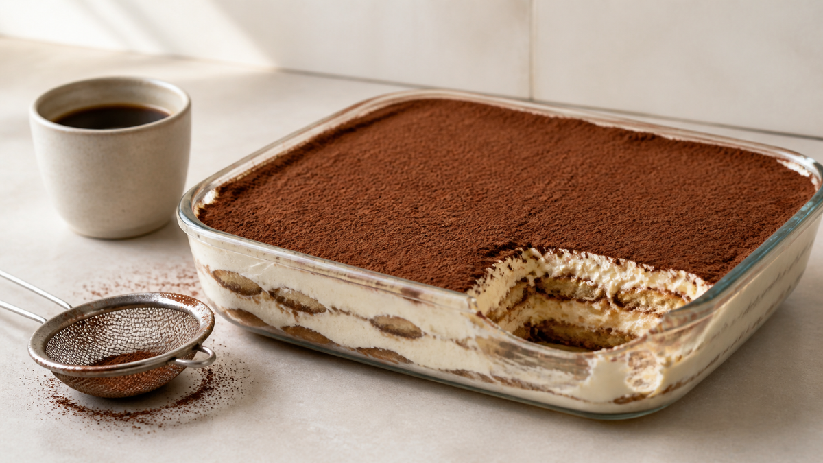 Tiramisu maison aux couches de biscuits imbibés de café et de crème au mascarpone, saupoudré de cacao