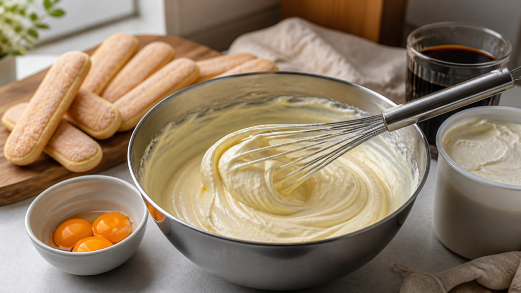 Crème au mascarpone en cours de fouettage dans un bol en inox, avec jaunes d'œufs et biscuits à la cuillère sur le plan de travail