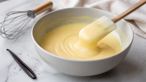 Crème pâtissière nappante dans un bol avec une spatule en bois, près d'une gousse de vanille et d'un fouet