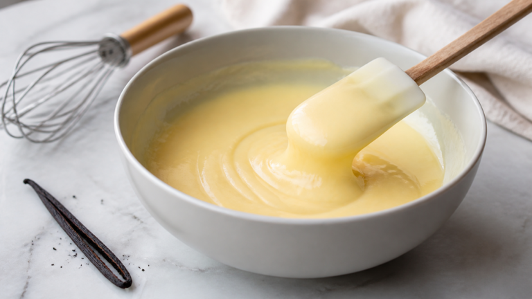 Crème pâtissière nappante dans un bol avec une spatule en bois, près d'une gousse de vanille et d'un fouet