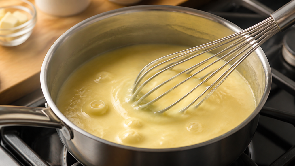 Fouet visible en train de remuer une crème pâtissière lisse dans une casserole sur feu doux