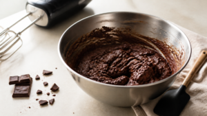 Bol de ganache montee au chocolat en cours de fouettage, texture legerement granuleuse evoquant le tranchage