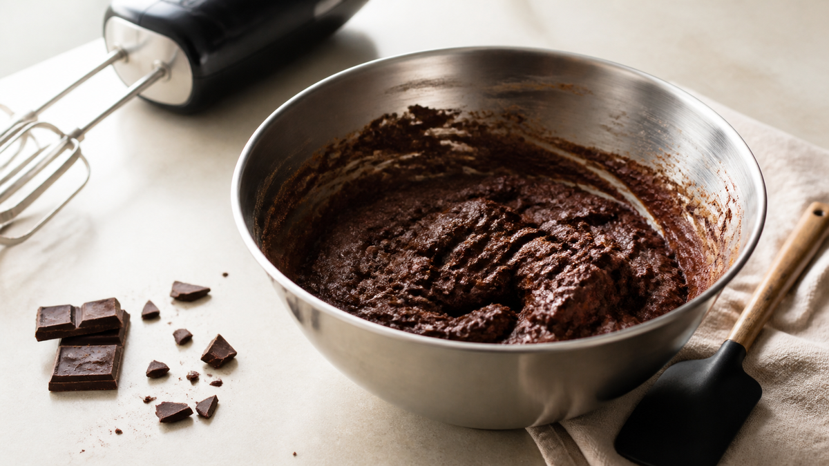 Bol de ganache montee au chocolat en cours de fouettage, texture legerement granuleuse evoquant le tranchage
