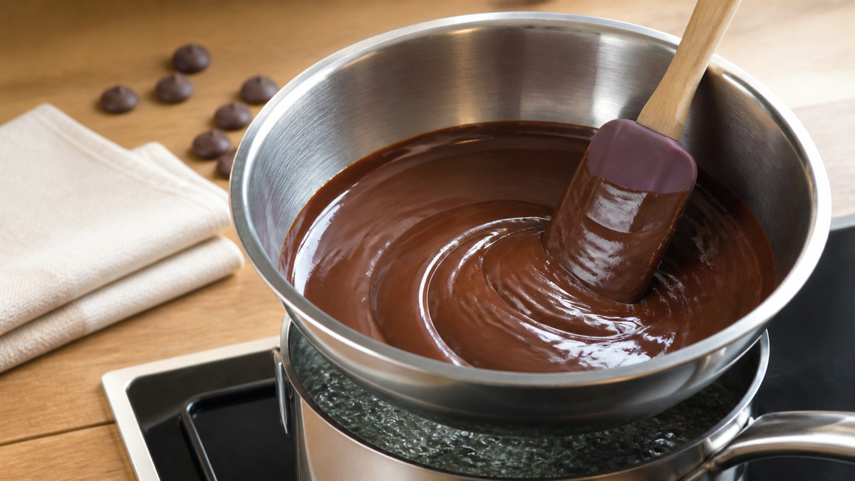 Ganache montee lisse et brillante apres rattrapage au bain-marie, melangee a la maryse