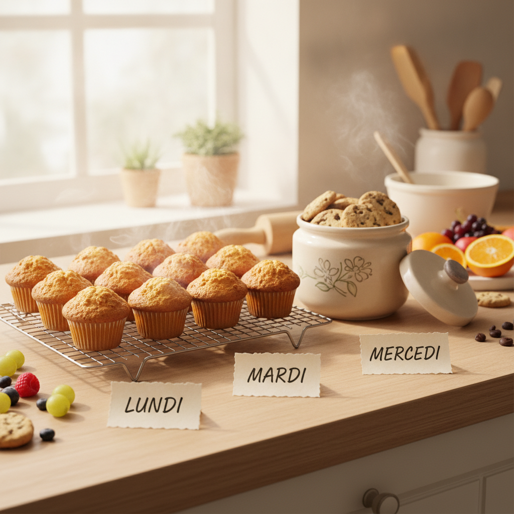 Muffins, biscuits et fruits organisés sur un plan de travail pour préparer des goûters maison