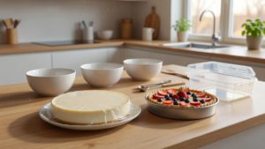 Cheesecake et tarte préparés à l'avance, couverts dans une cuisine lumineuse