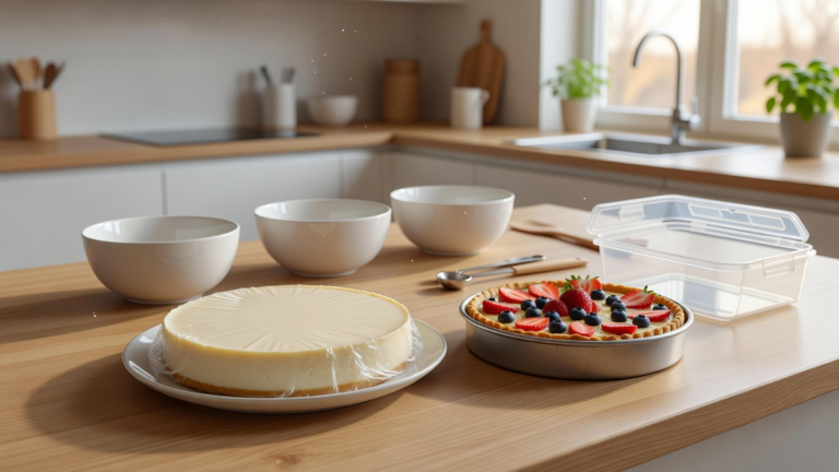 Cheesecake et tarte préparés à l'avance, couverts dans une cuisine lumineuse