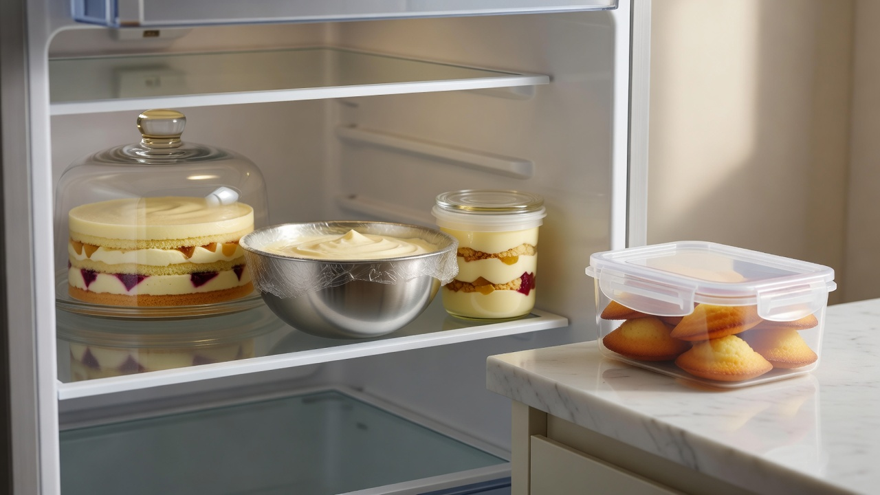 Entremets sous cloche et crème filmée au frigo, gâteaux secs en boîte hermétique à côté