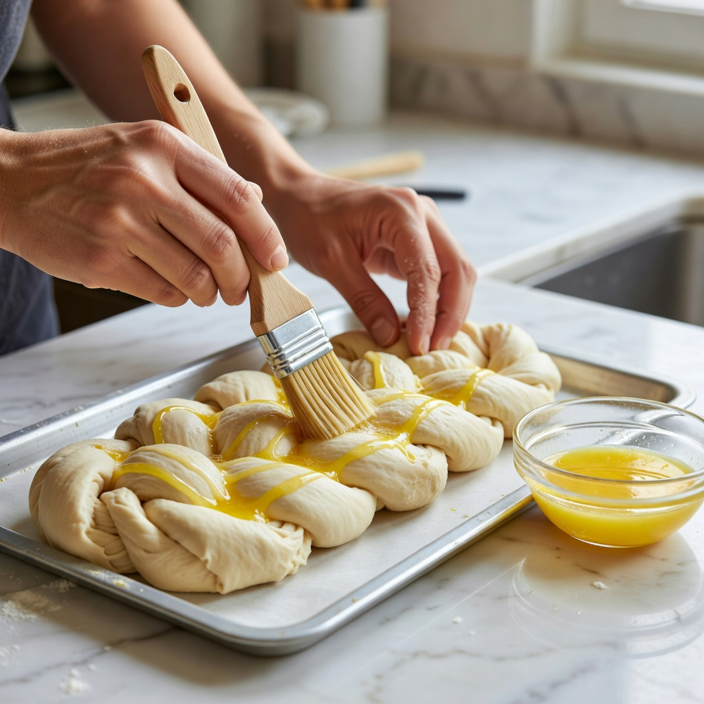 Application fine de la dorure au pinceau souple sur une brioche crue avant cuisson