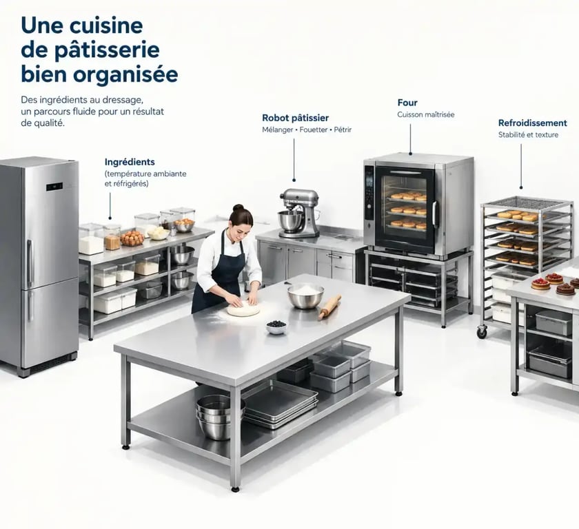 Cuisine fonctionnelle pour la pâtisserie avec zones de préparation, stockage, cuisson et refroidissement