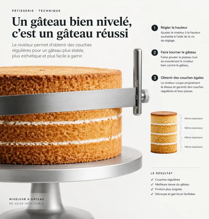 Niveleur à gâteau utilisé pour découper des couches égales, un des meilleurs outils pour découper vos pâtisseries maison