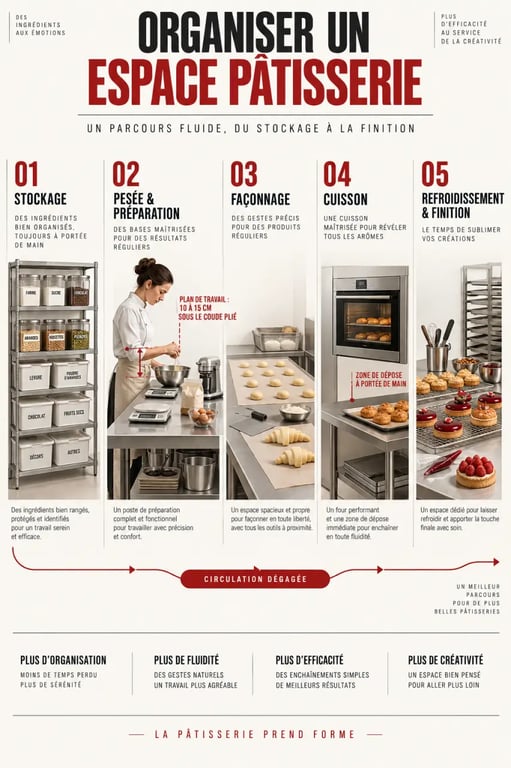 Infographie pour aménager un espace pâtisserie ergonomique dans sa cuisine avec cinq zones de travail