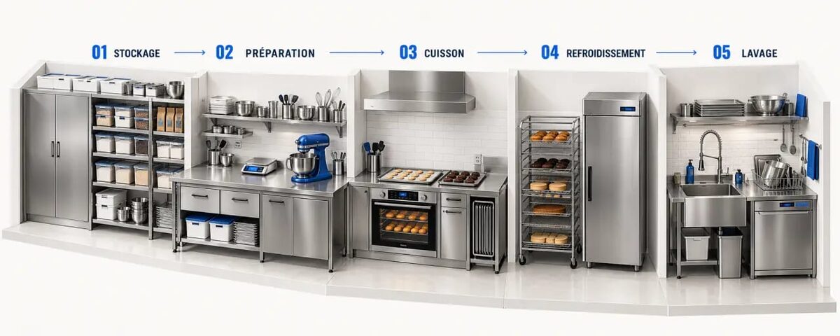 Cuisine professionnelle chez soi pour pâtisser organisée en cinq zones de travail