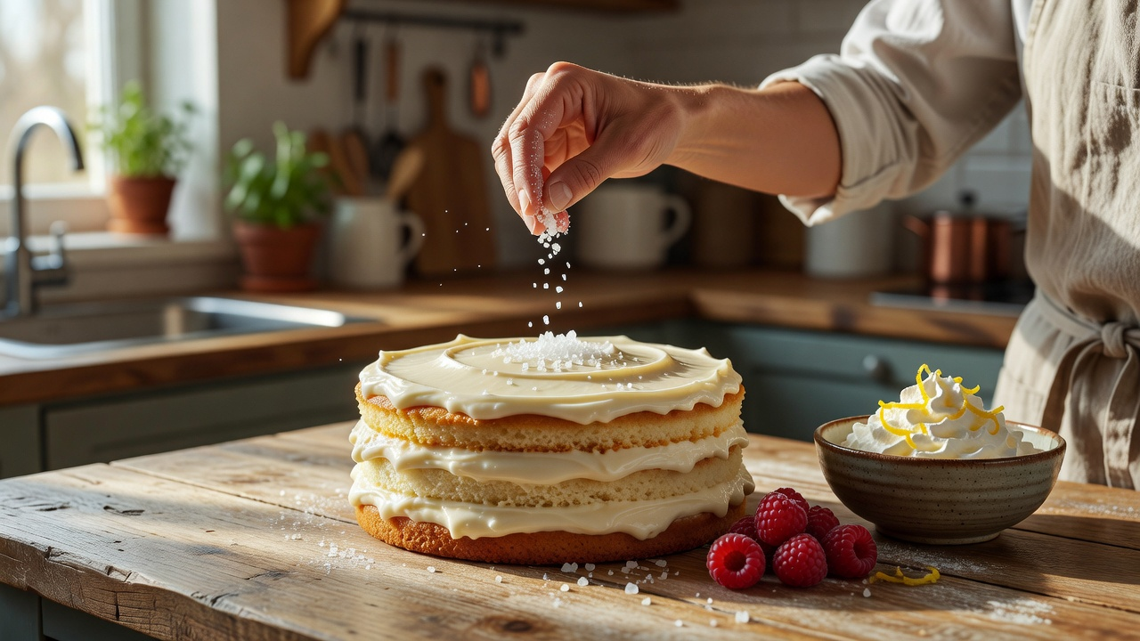 Gâteau trop sucré déjà cuit sur un plan de cuisine, prêt à être rééquilibré à l'assiette