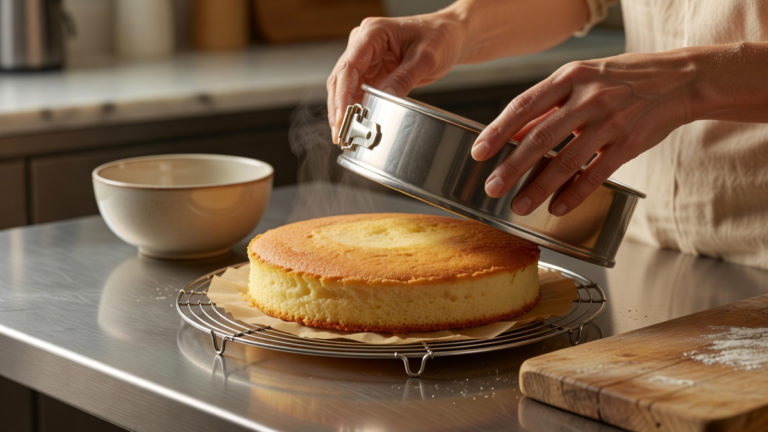 Gâteau fragile démoulé sur grille, moule à charnière ouvert et papier cuisson, geste délicat