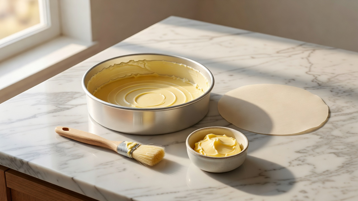 Moule rond préparé avec beurre et disque de papier cuisson avant cuisson