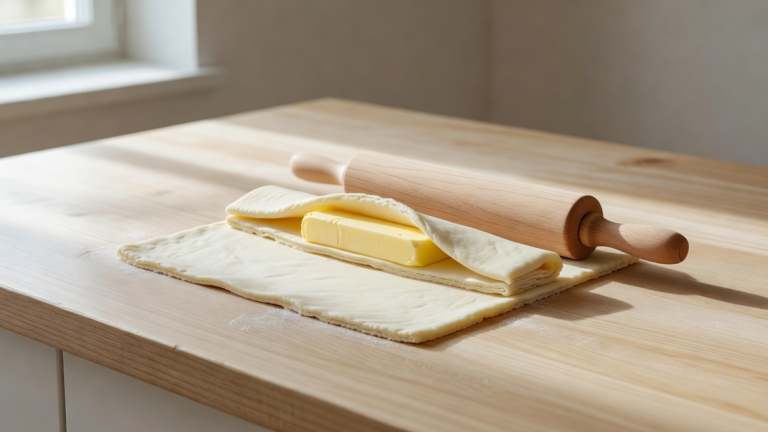 Pâte feuilletée en cours de tourage simple : bloc de beurre enfermé dans la détrempe, rouleau en appui léger sur un plan de travail en bois clair