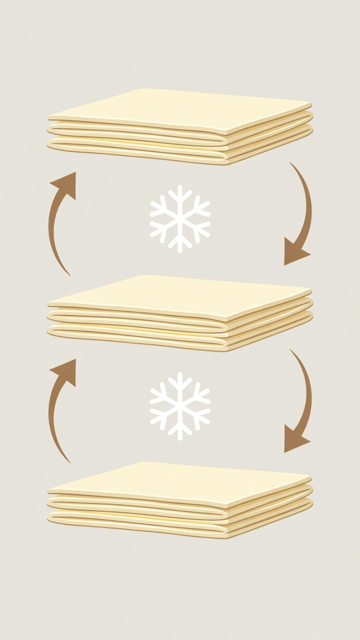Schéma du cycle du tourage simple : trois plis triples successifs séparés par des repos au froid