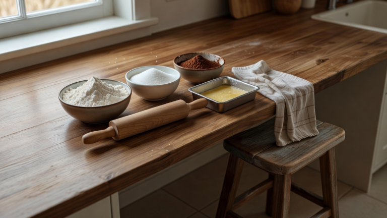 Plan de travail de cuisine préparé pour une séance de pâtisserie en famille, bols alignés et matériel posé