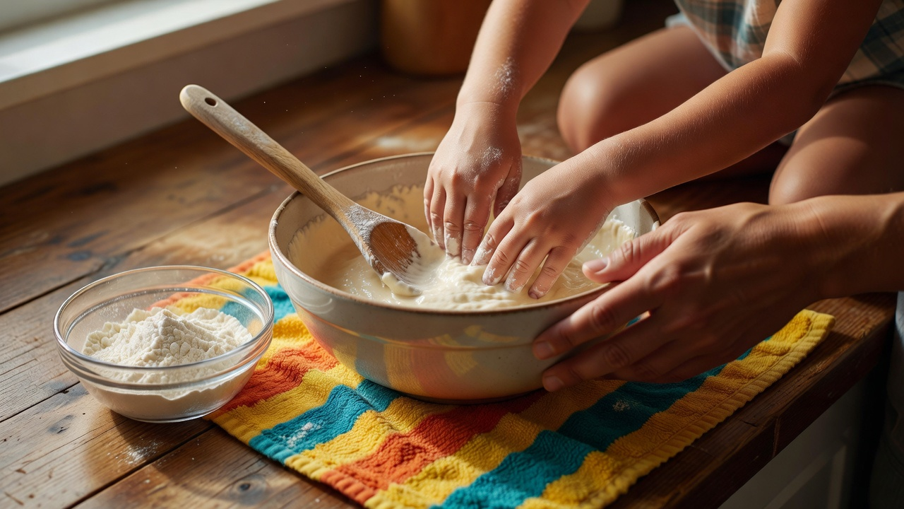 Mains d'un enfant mélangeant une pâte dans un grand bol pendant une séance de pâtisserie encadrée