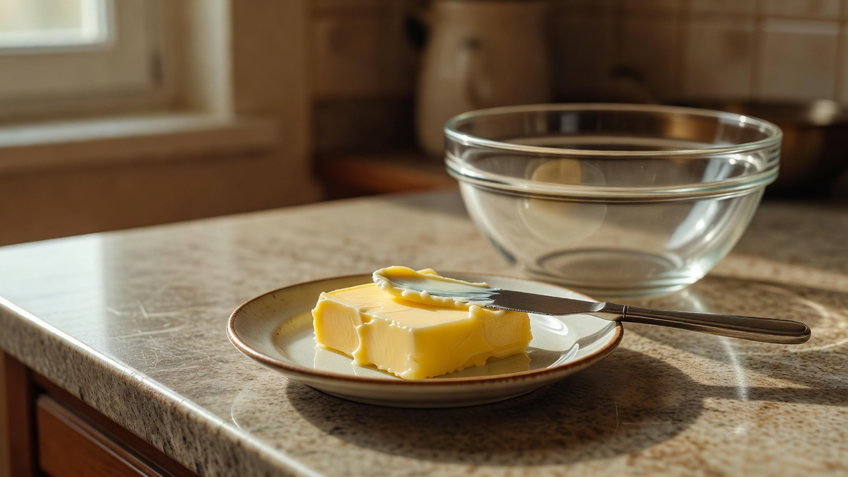 Beurre doux ramolli en pommade étalée au couteau sur une assiette, dans une cuisine