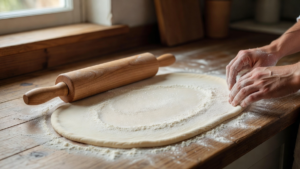 Rouleau à pâtisserie en bois à côté d'une pâte abaissée farinée sur un plan de travail