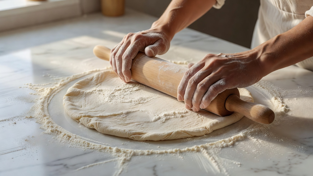 Mains farinées abaissant une pâte au rouleau en bois sur un plan de travail fariné