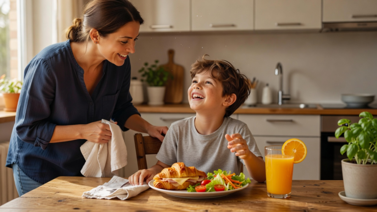 Parts de gâteau maison et fruits prêts pour le goûter, posés sur un plan de travail familial