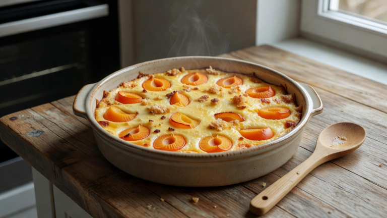 Clafoutis doré aux quartiers d'abricot dans un plat en céramique, juste sorti du four