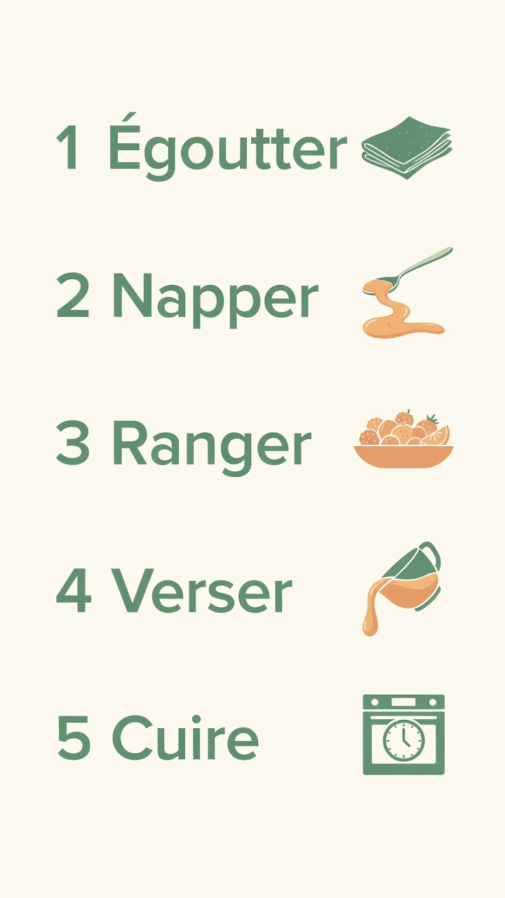 Cinq étapes du clafoutis : égoutter, napper, ranger, verser, cuire