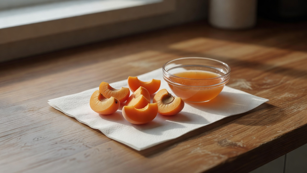 Quartiers d'abricot égouttés sur un papier absorbant, à côté d'un bol de jus jeté