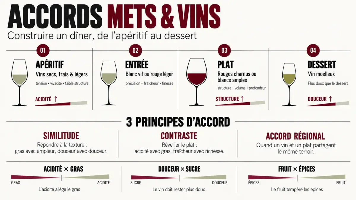Infographie pour réussir ses accords mets et vins lors d’un dîner, de l’apéritif au dessert