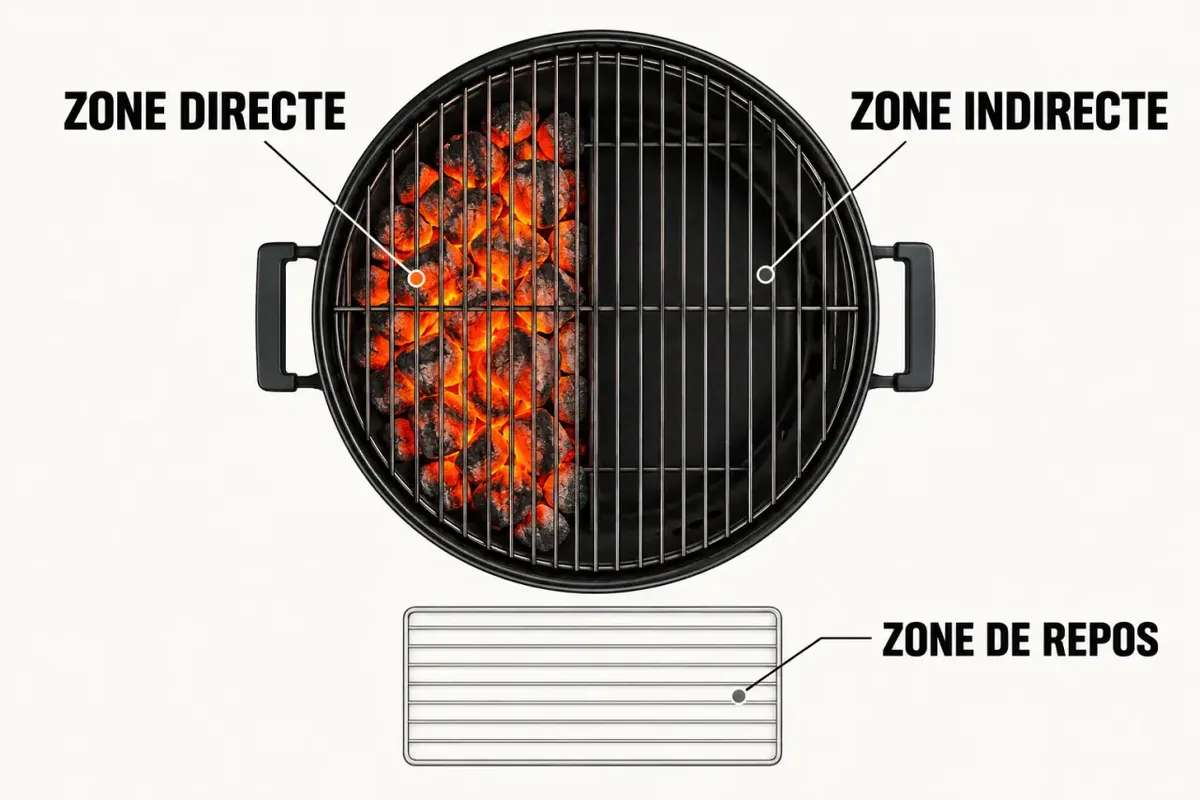 Schéma des zones de chaleur pour réussir ses grillades de viande au barbecue en extérieur : cuisson directe, indirecte et zone de repos