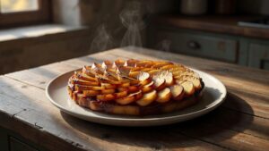 Tarte tatin, pommes caramélisées, assiette claire.