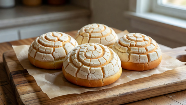 Trois conchas maison sur du papier cuisson, coque claire craquelée en coquille.