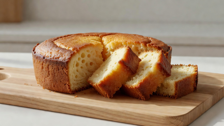 Un gâteau au yaourt coupé en tranches sur une planche en bois