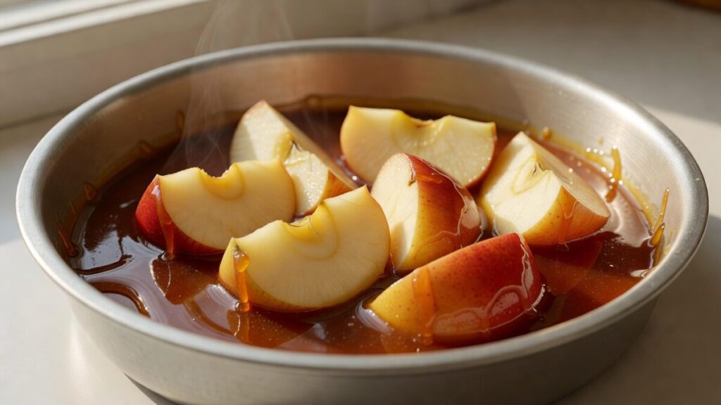 Quartiers de pommes dans une poêle, caramel ambré.