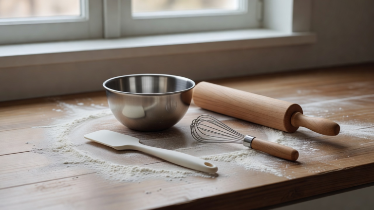 Ustensiles de pâtisserie débutant sur un plan de travail : bol, fouet, spatule et moule, sans encombrer les placards