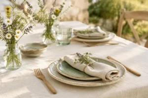 Table champêtre d’été : vaisselle dépareillée sans fouillis