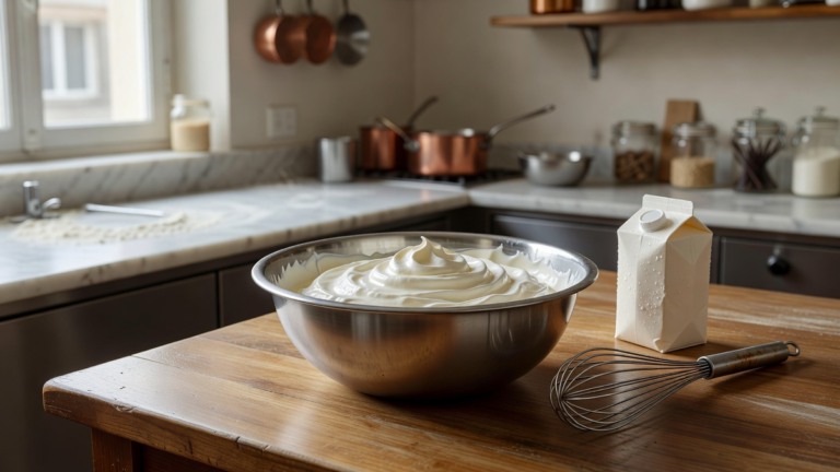 Bol de crème encore liquide et fouet sur un plan de travail de pâtisserie