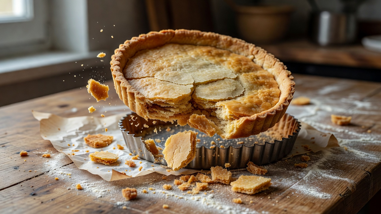 Fond de tarte sablée qui s'émiette en éclats sur un plan de travail en bois