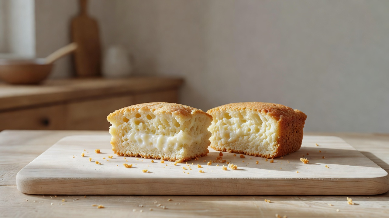 Deux tranches de gâteau au yaourt moelleux sur une planche en bois